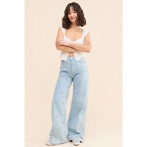 Farm Rio Rose Embroidered Wide Leg Denim